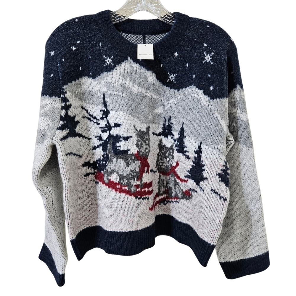 Abercrombie & Fitch Madeline Sweater Ski Dogs Navy Pattern NWT 🐶